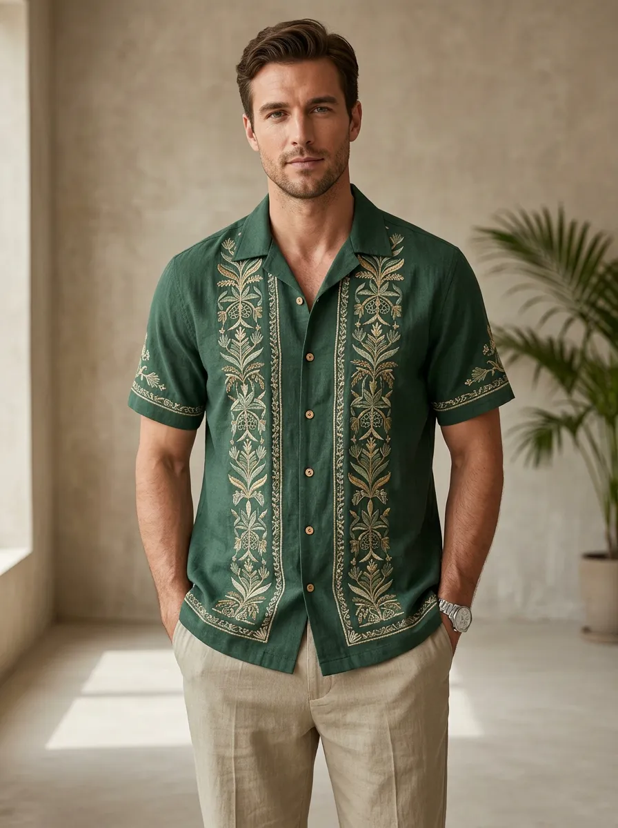 Men's Floral Leisure Embroidered Shirt