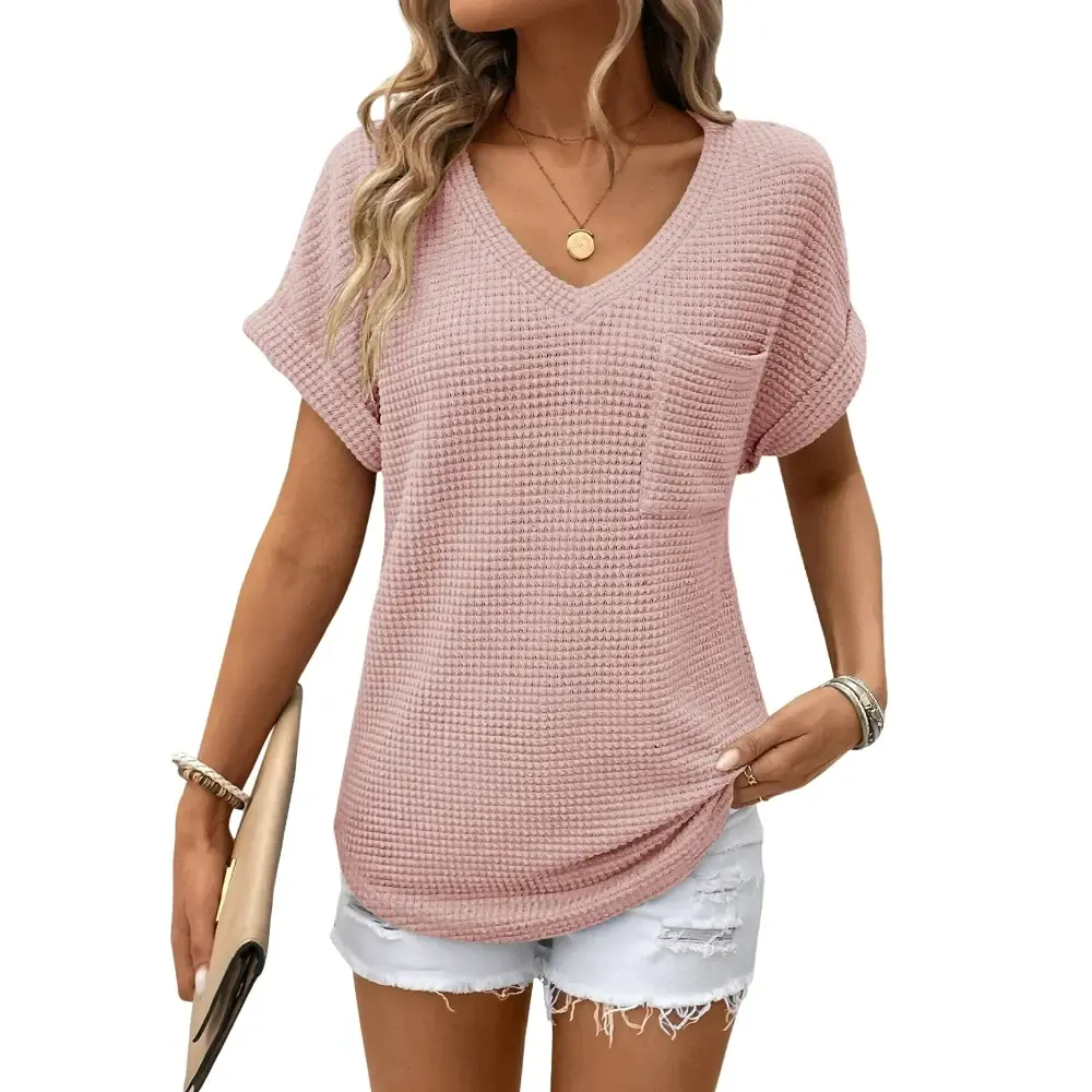 Women's Waffle Knit V-Neck Casual Summer Top