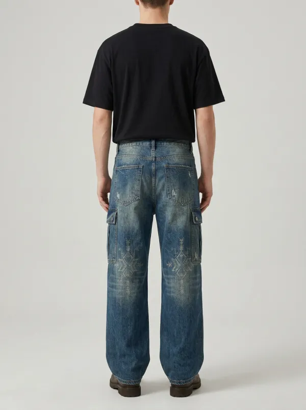 Wide Leg Distressed Finish Vintage-Inspired Men's Loose Fit Jeans