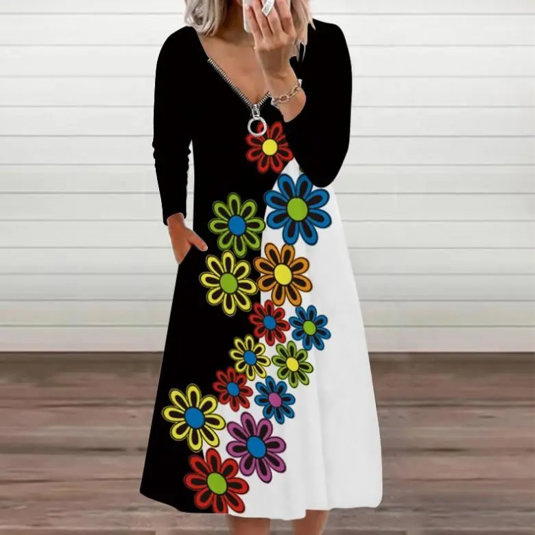 Zipper Printed V-Neck Long Sleeve Dress