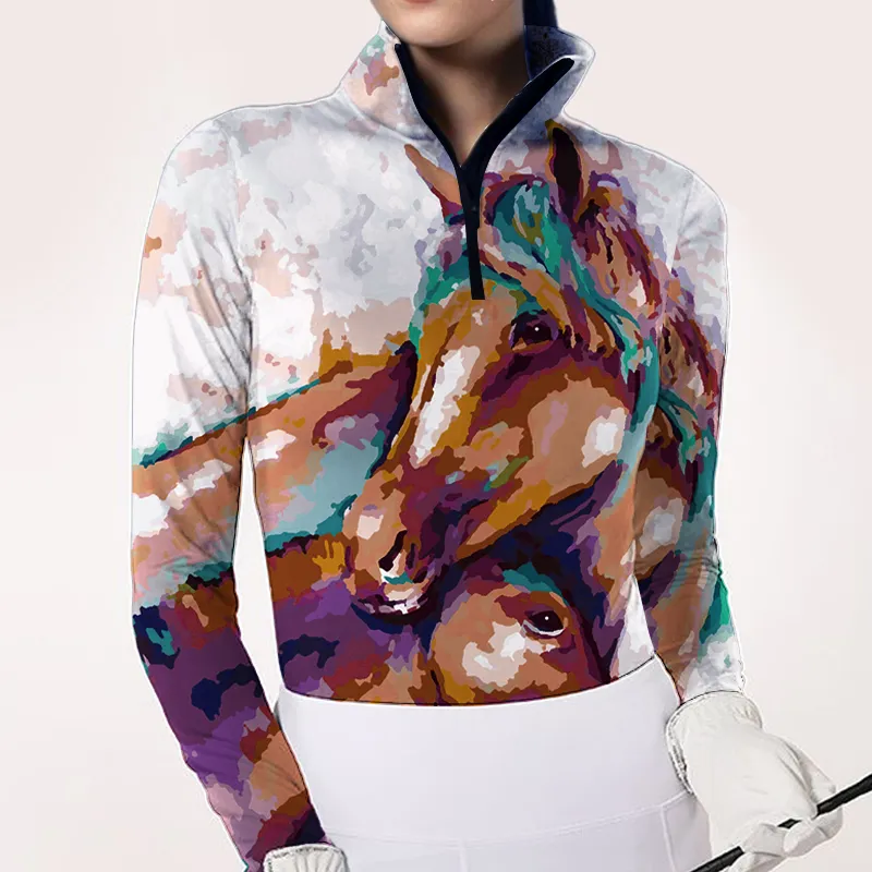 Women's Riding Style Horse Print Long Sleeve Casual Shirt