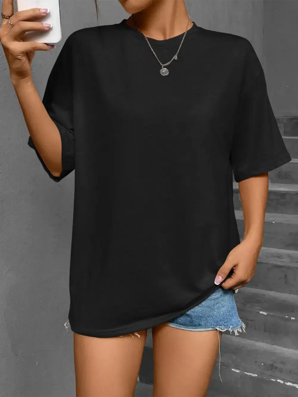Smooth Round-Neck Short-Sleeve Cotton T-Shirt