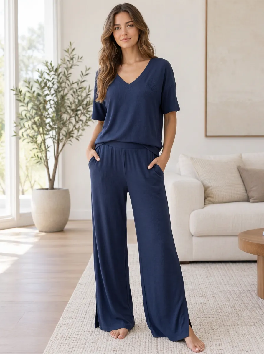 Women's Casual Daily Ribbed Wide Leg Pajama Set