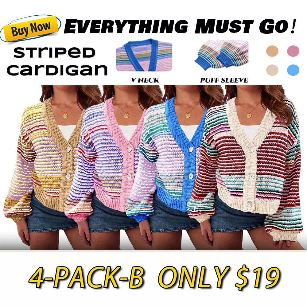 Womens Striped Cardigan Sweaters Oversized Puff Sleeve Button Up V Neck Color Block Knit Sweater Coat