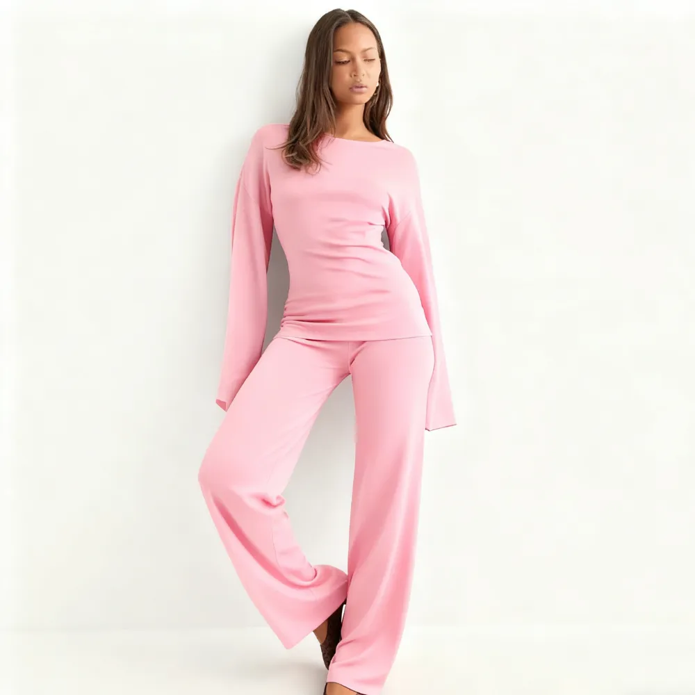 Women's Fall New Round Neck Flare Long Sleeve Top & Elastic Waist Straight Leg Pants Set