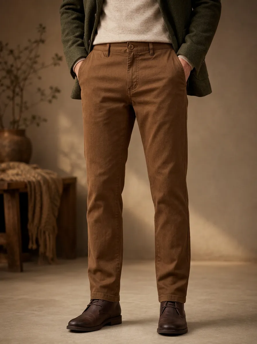 Men's Autumn Winter Button Fly Cotton Chino Trousers