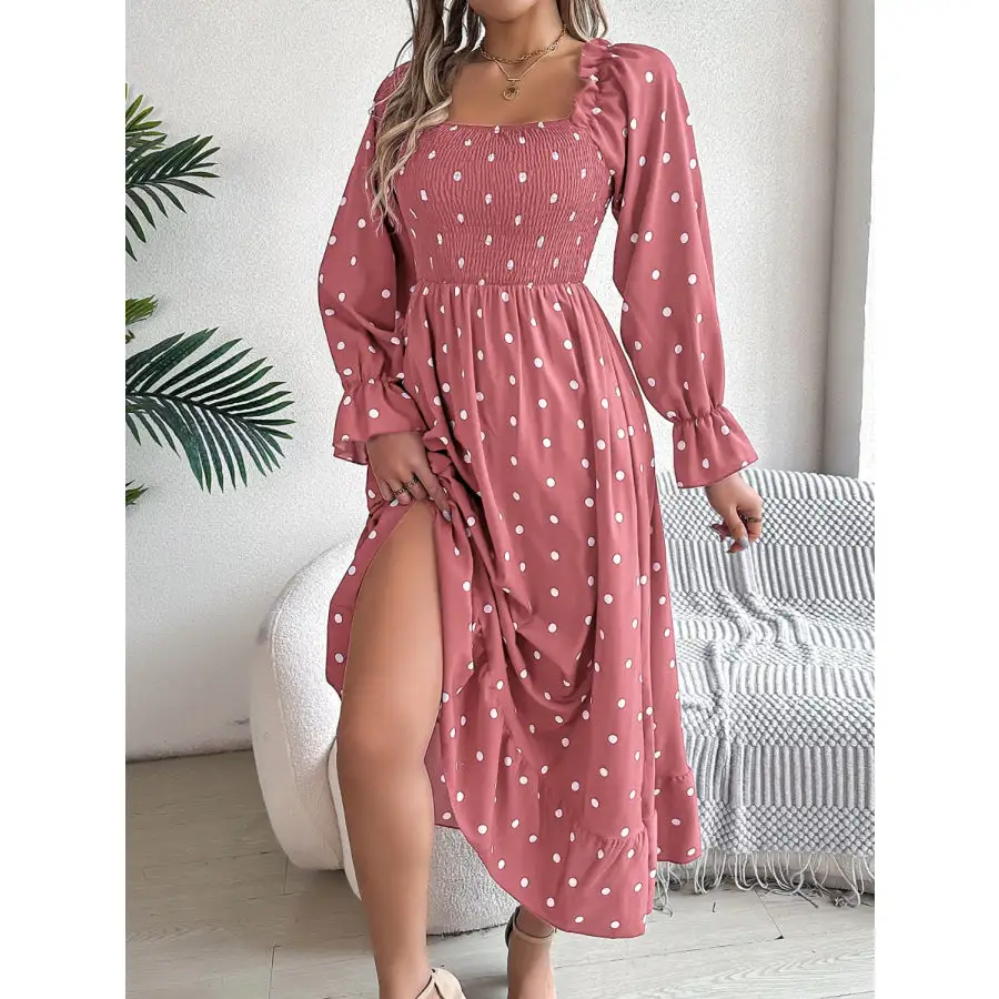 Polka Dot Flounce Sleeve Midi Dress