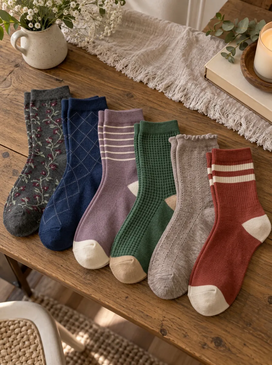 Women's Vintage Floral Argyle Striped Waffle Knit Printed Socks 6-Pack