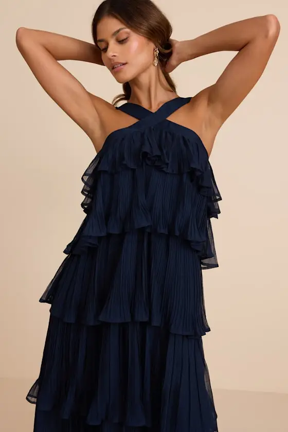 Lauretta Navy Plisse Tiered Midi Dress