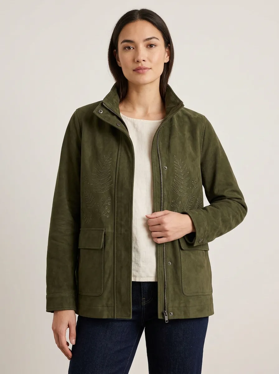 Women's Fern Leaf Embroidered Suede Jacket