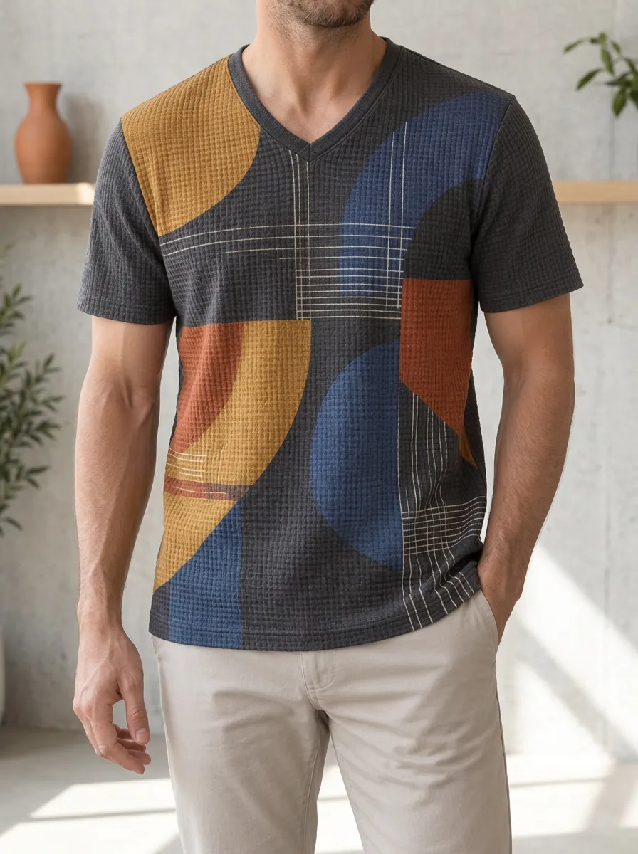 Men's Dynamic Geometric Abstract Pattern Waffle Knit V-Neck T-Shirt