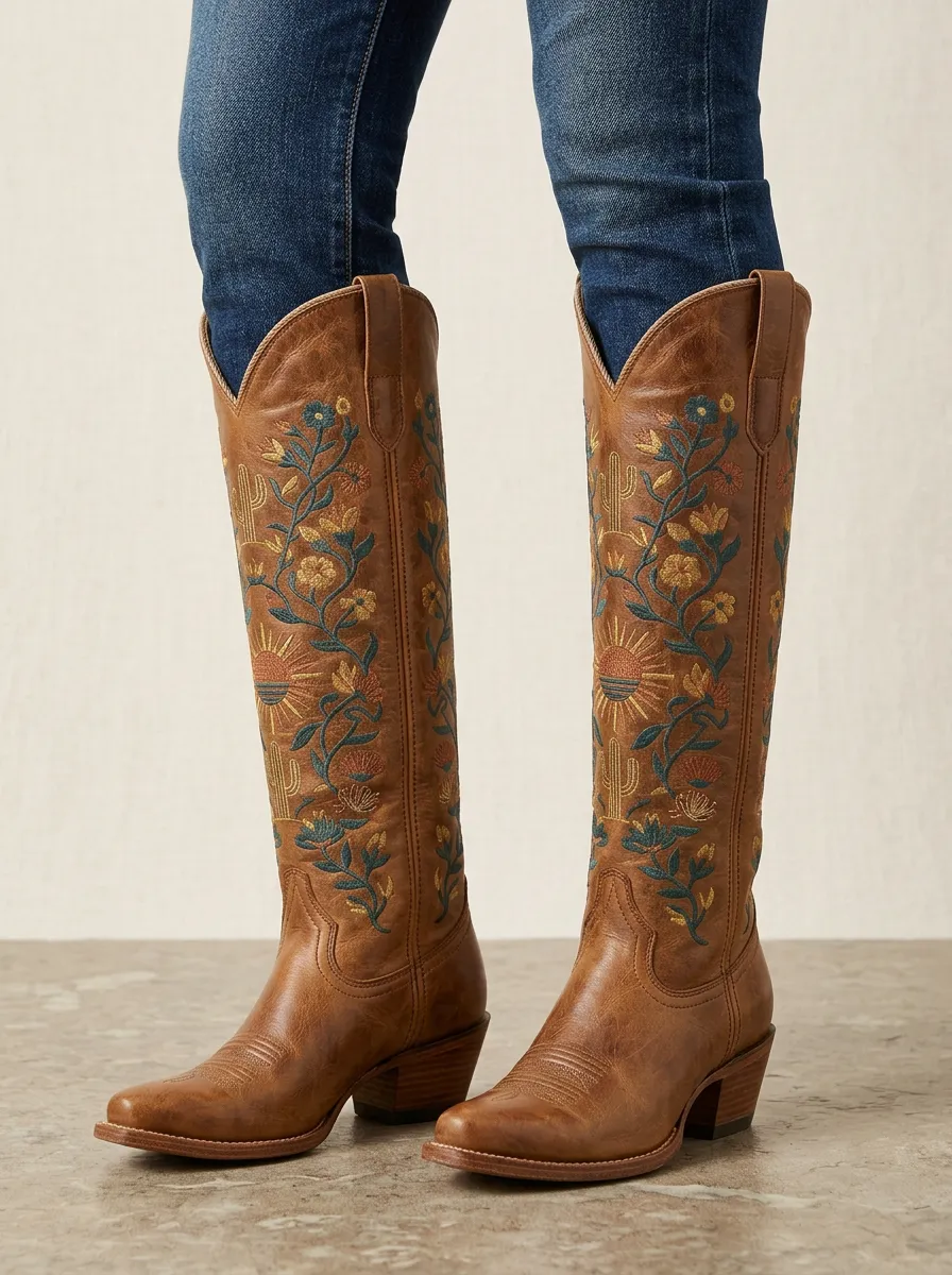 Women's Western Cactus Floral Sun Embroidered Block-Heel Stacked-Heel Denim Over-the-Knee Boots
