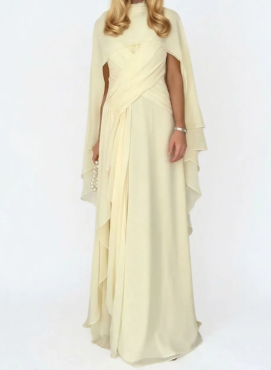 Cape Ruched Ruffle Maxi Dress