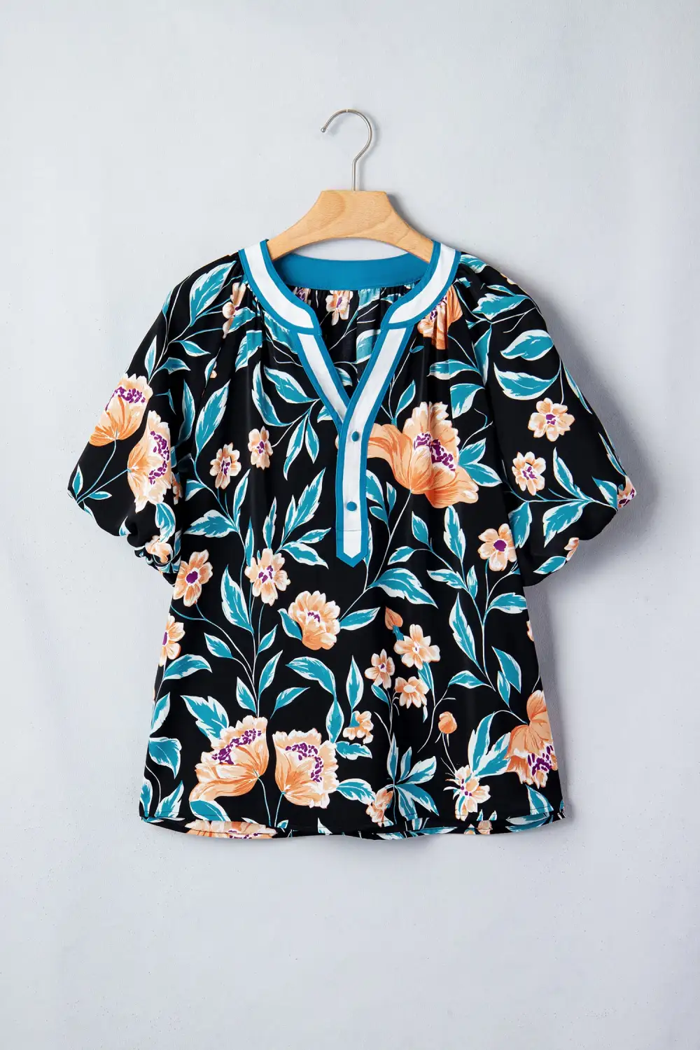 Black Floral Short Bubble Sleeve Buttoned Notched Neck Blouse