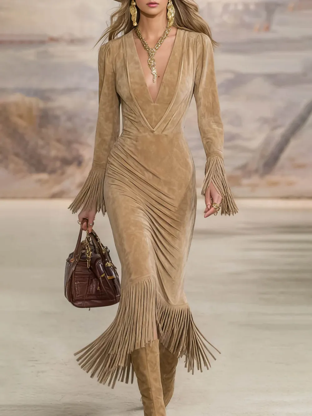 V Neck Tassel Suede Tailored Midi Dress