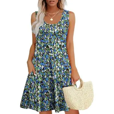 Womens Summer Dresses Loose U Neck Sleeveless Sundresses Dress with Pockets