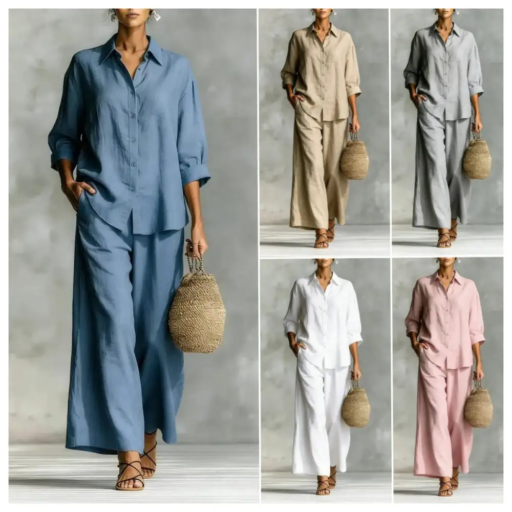 Wide-Leg Button-Up Linen Women's Matching Set