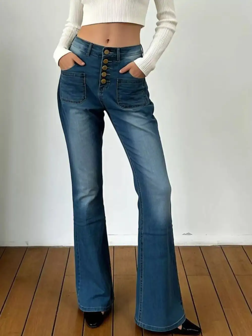 Versatile High Waist Flare Leg Button Denim Jeans