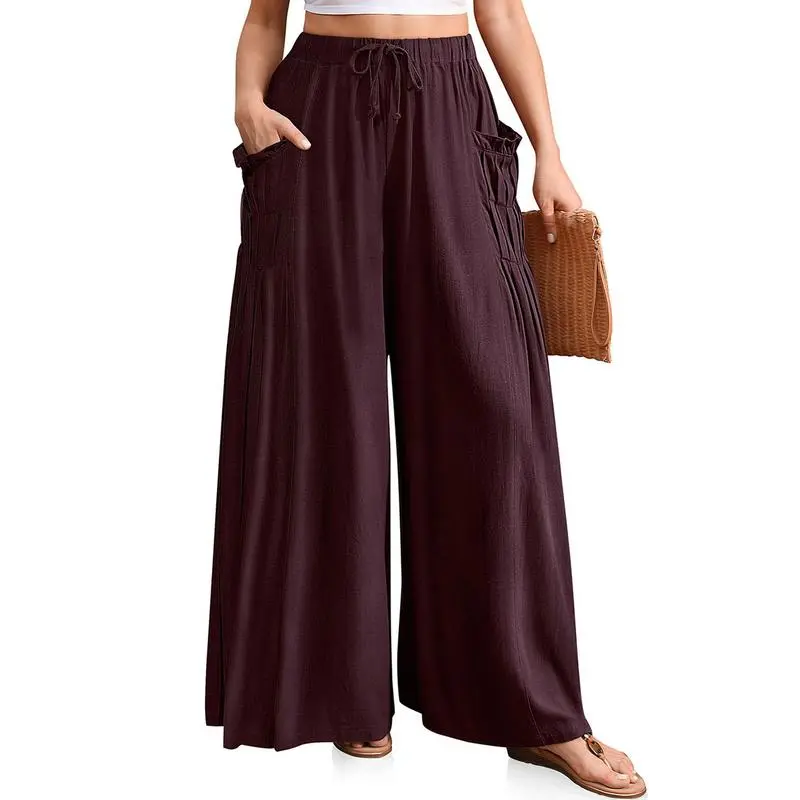 Women Linen Palazzo Pants Loose Fit Boho Wide Leg Summer Lounge Trousers Plus Size Drawstring Waist Casual Beach Travel Vacation Outfits woman wide leg pant