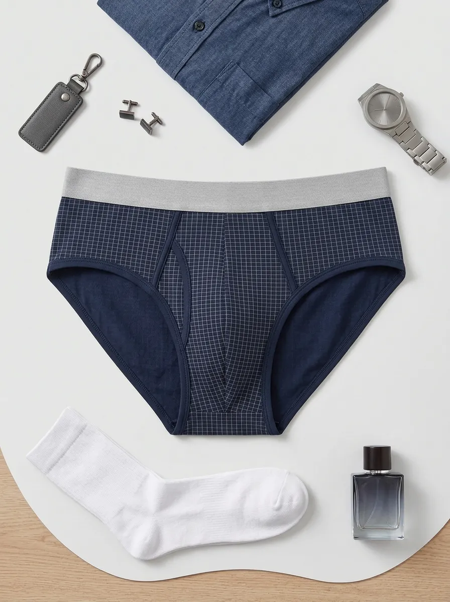 Men's Minimalist Navy Blue Grid Printed Briefs