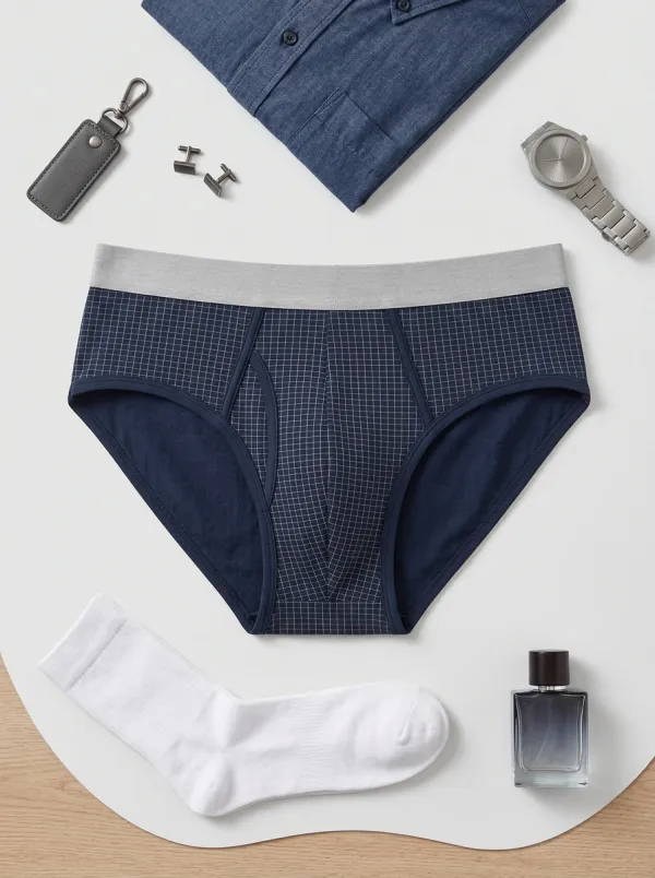 Men's Minimalist Navy Blue Grid Printed Briefs