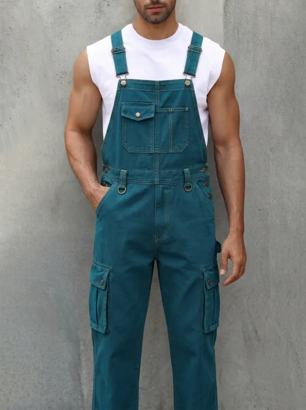 Men's Casual Grey Adjustable-Strap Cargo Bib Overalls