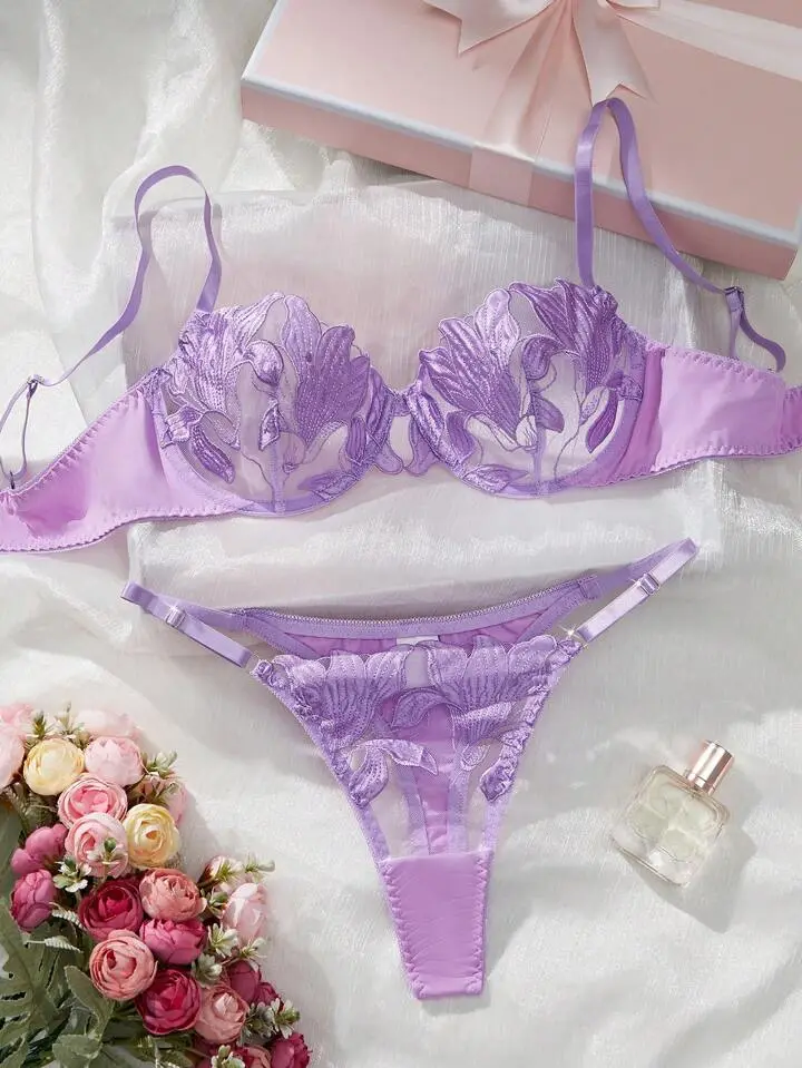 Embroidered Silk Bra And Panty Set