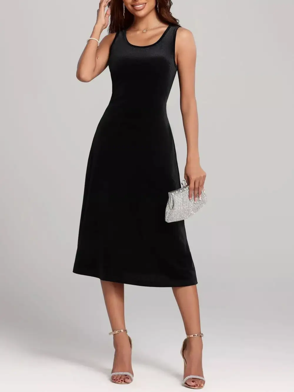 Round Neck Sleeveless Velvet A-Line Midi Dress