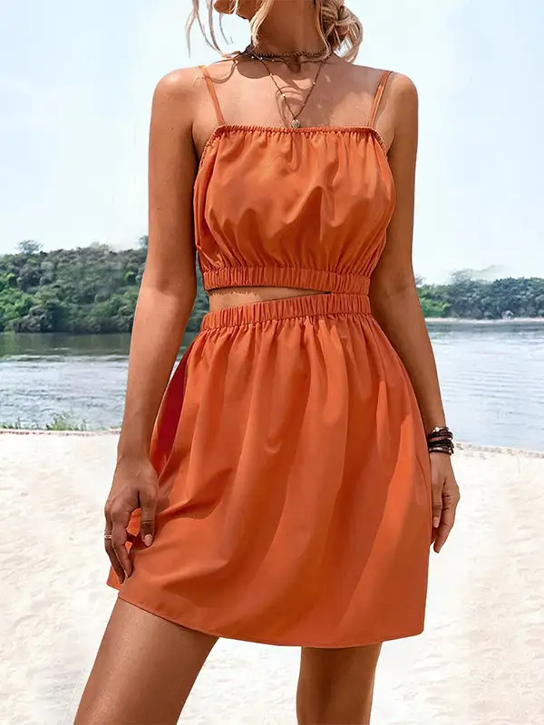 A Line Relaxed Elasticity Hollow Solid Color Split Joint Spaghetti Neck