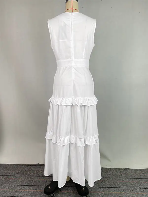 High Pleated Buttoned Neck Maxi Dress