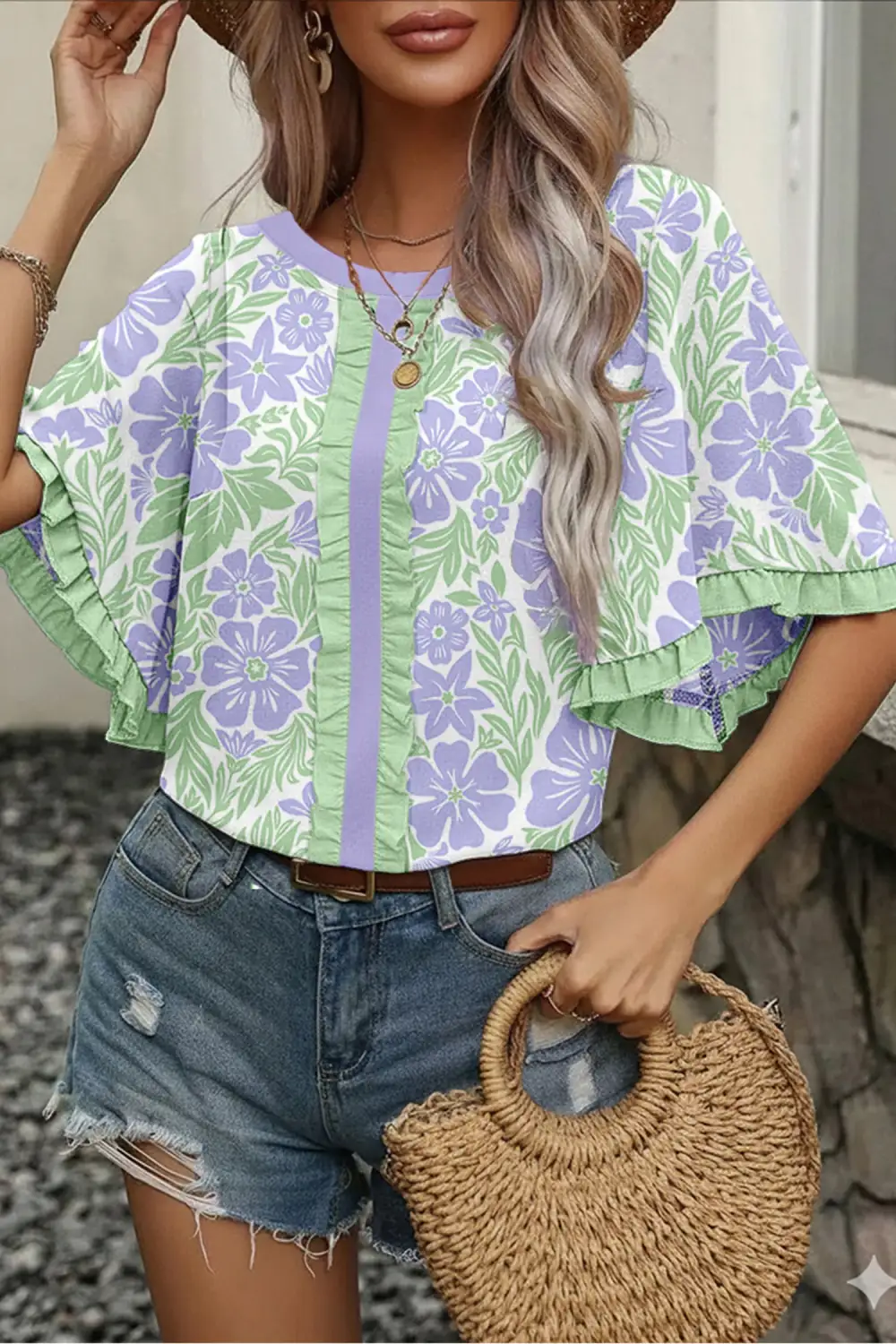 Floral Ruffle Trim Half Sleeve Blouse