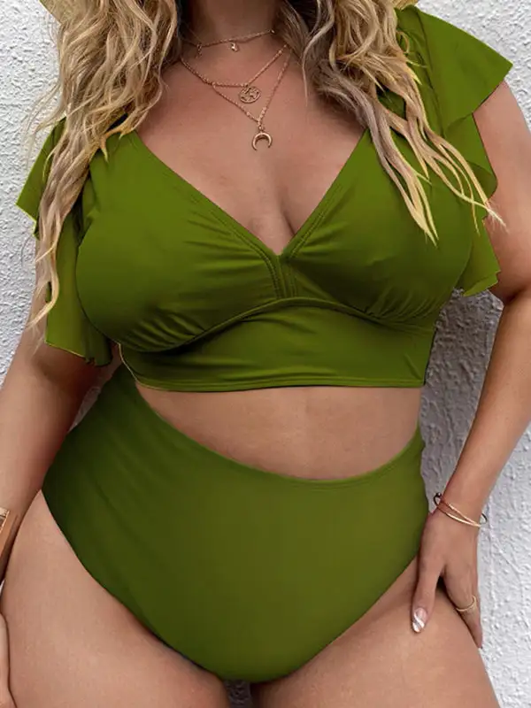 Plus Size Falbala V Neck Bikini Swim Set