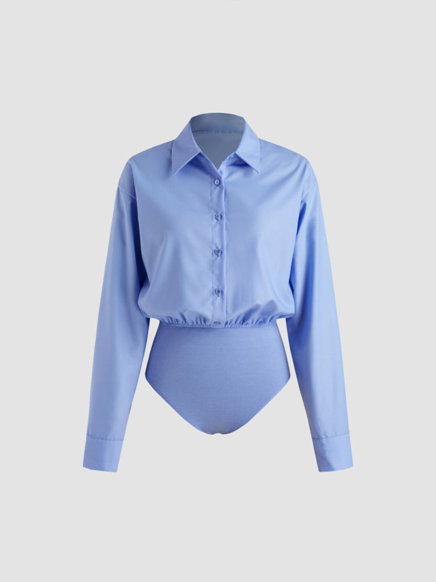 Collar Solid Button Long Sleeve Blouse Bodysuit
