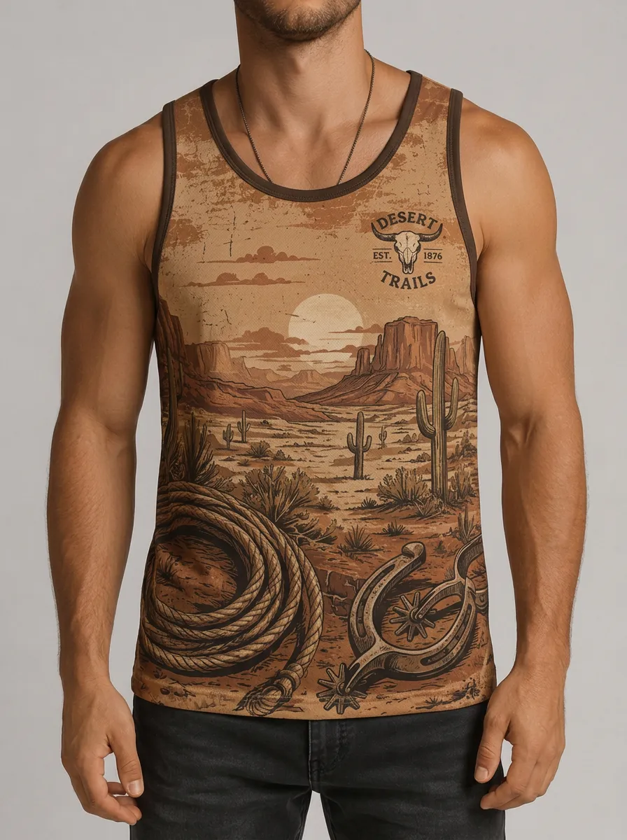 Men's Western Cowboy Desert Trails Lasso Spur Printed Tank Top