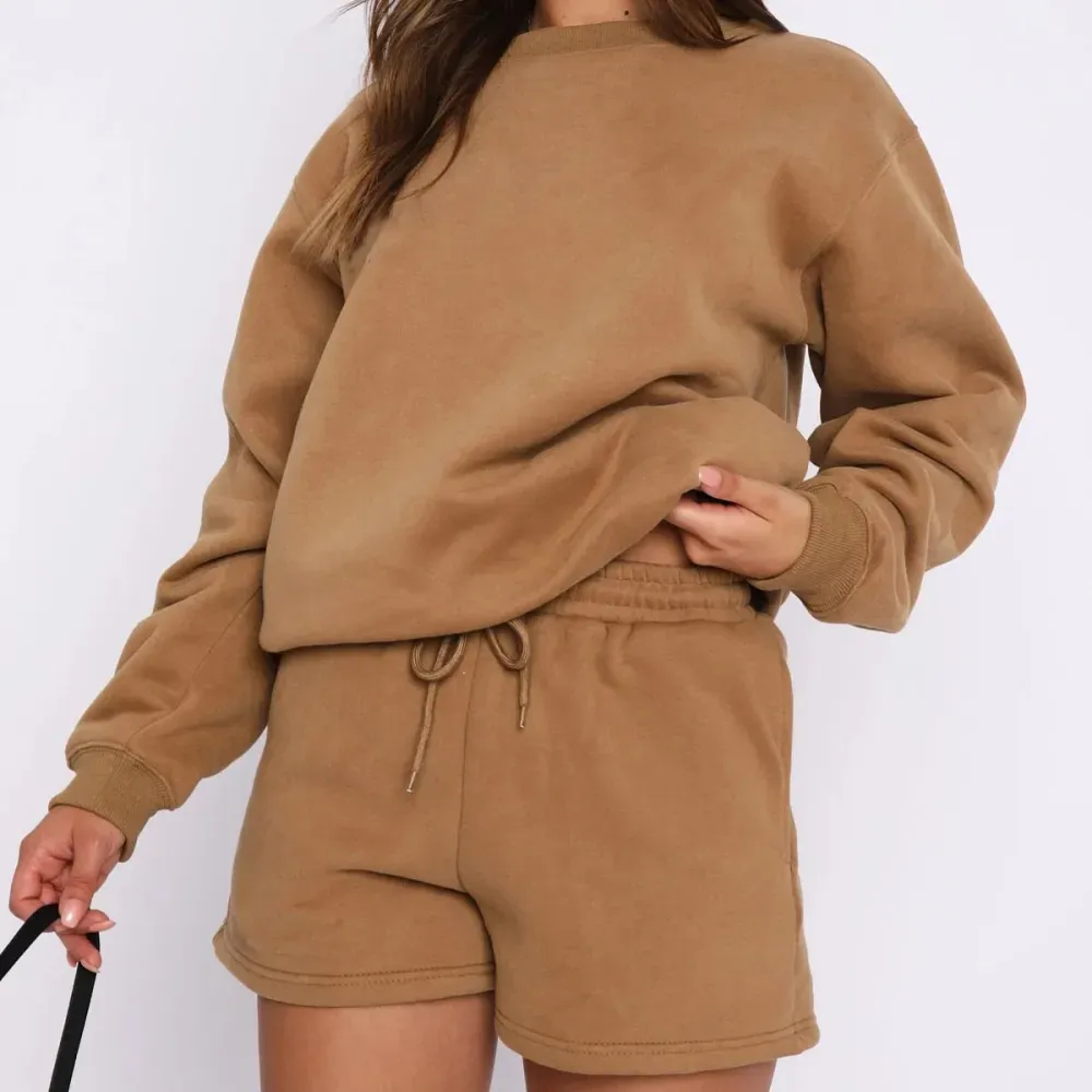 Women's Fashion Round Neck Solid Color Sweatshirt and Short Pants two-piece set