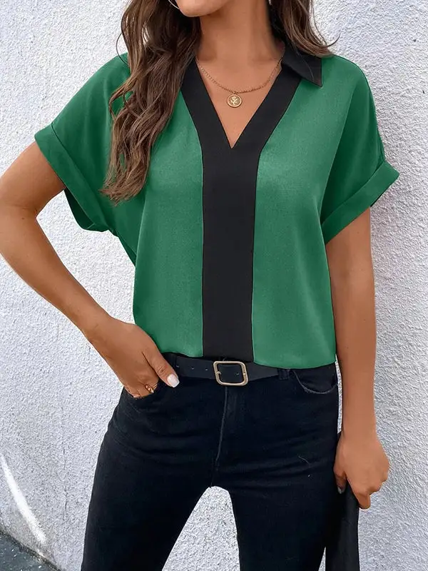 Relaxed Short Sleeve Contrast V-Neck T-Shirt