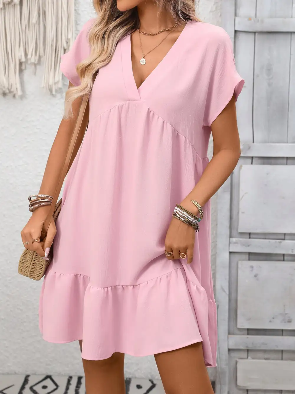 V Neck Ruffle Mini Dress