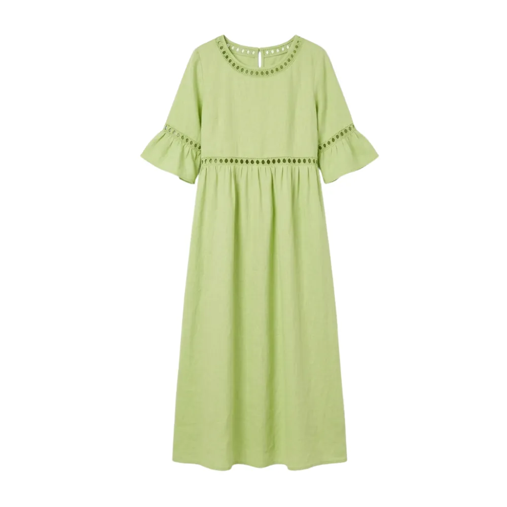 Lace Trim Linen Blend Cotton Blend Midi Dress