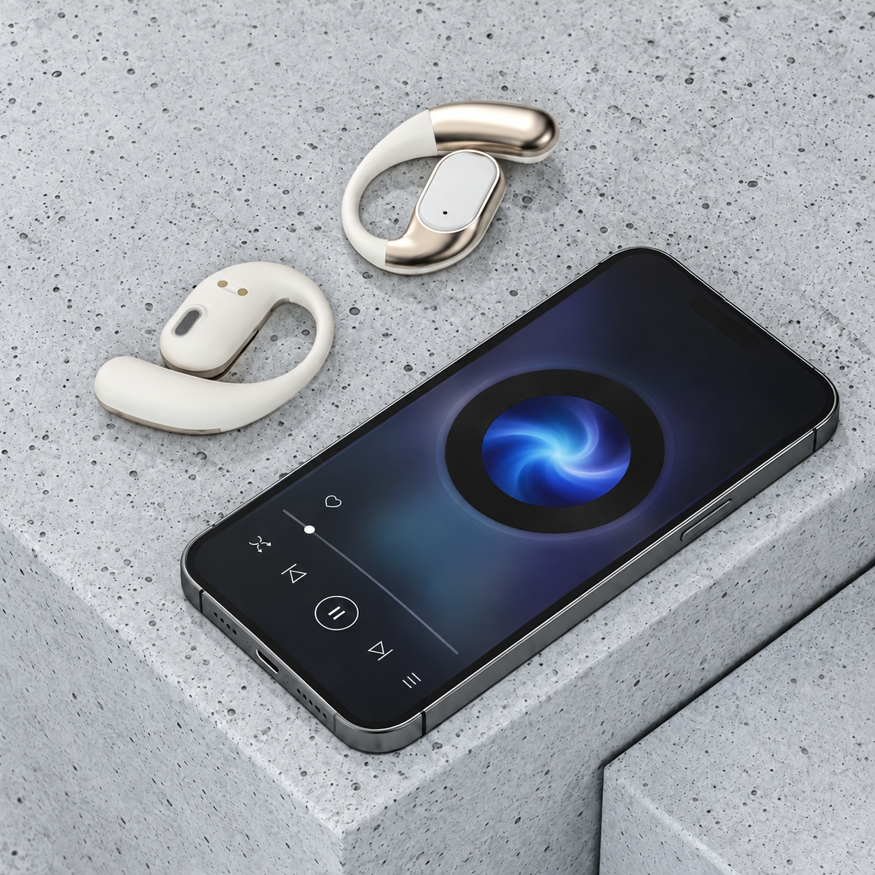 White earbuds beside a phone displaying a generic music player