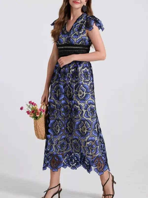 Printed V Neck Ruffle Midi Dress