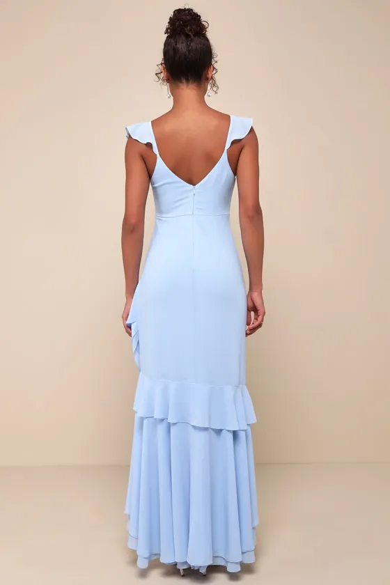 Charming Event Light Blue Asymmetrical Ruffled Maxi Dress