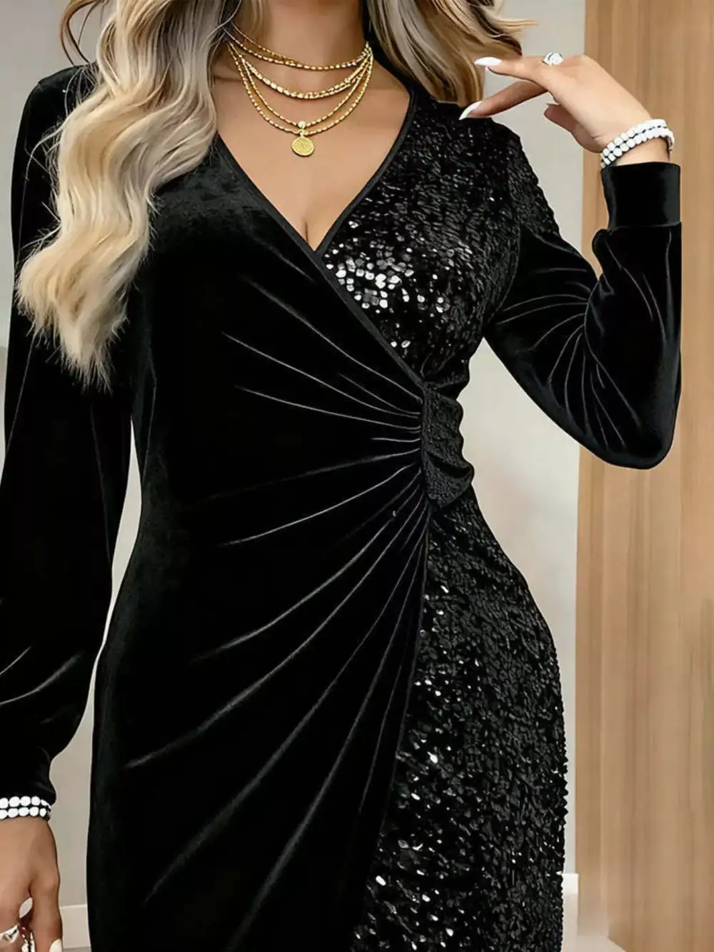 Velvet Sequin Long Sleeve Wrap Dress