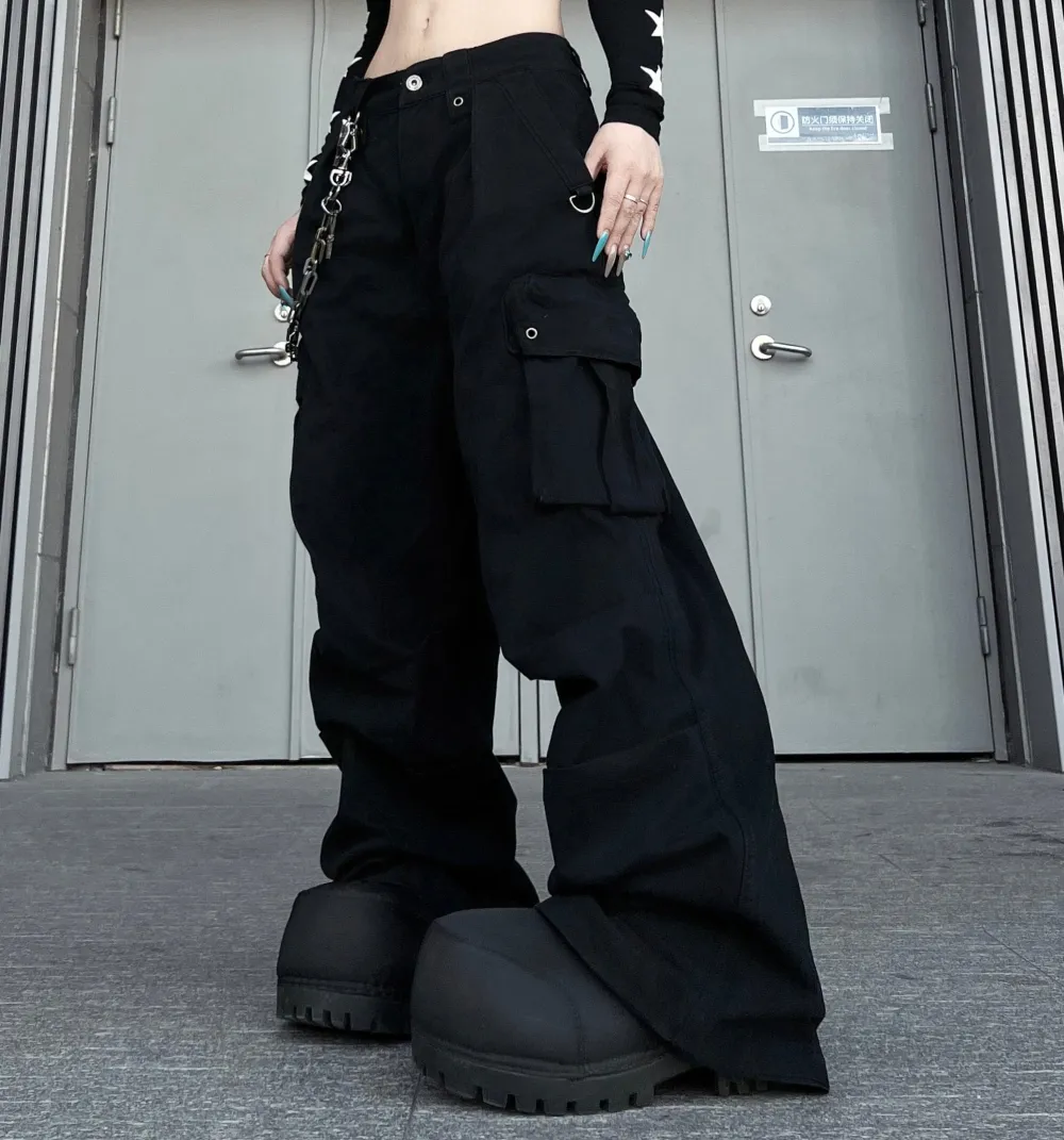 Pleated Multi Pocket Parachute Wide Leg Cargo Pants