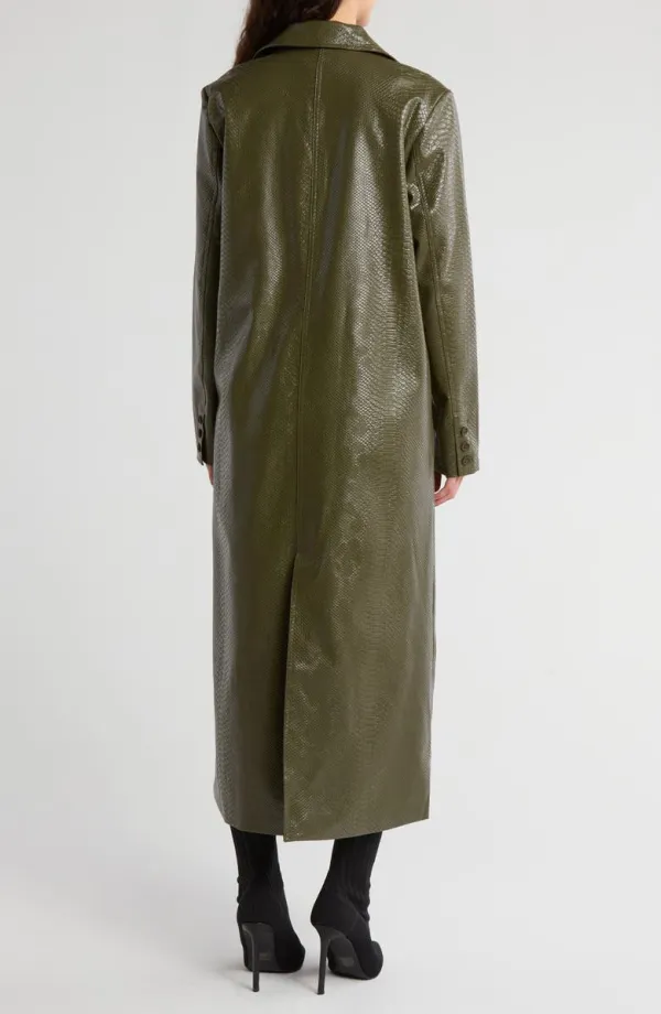 Snakeskin Embossed Faux Leather Trench Coat