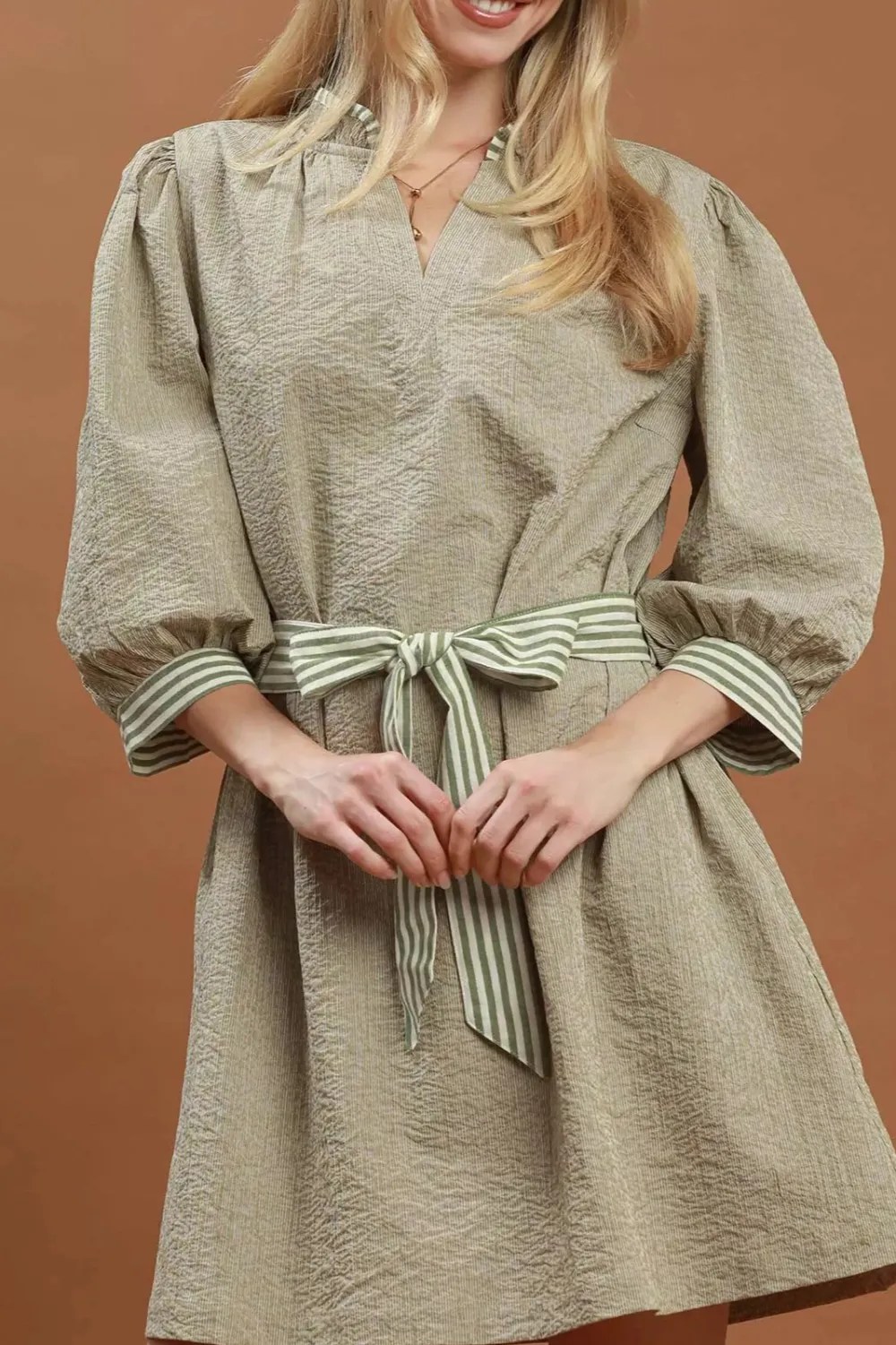 Textured Contrast Trim Tie Waist Mini Dress