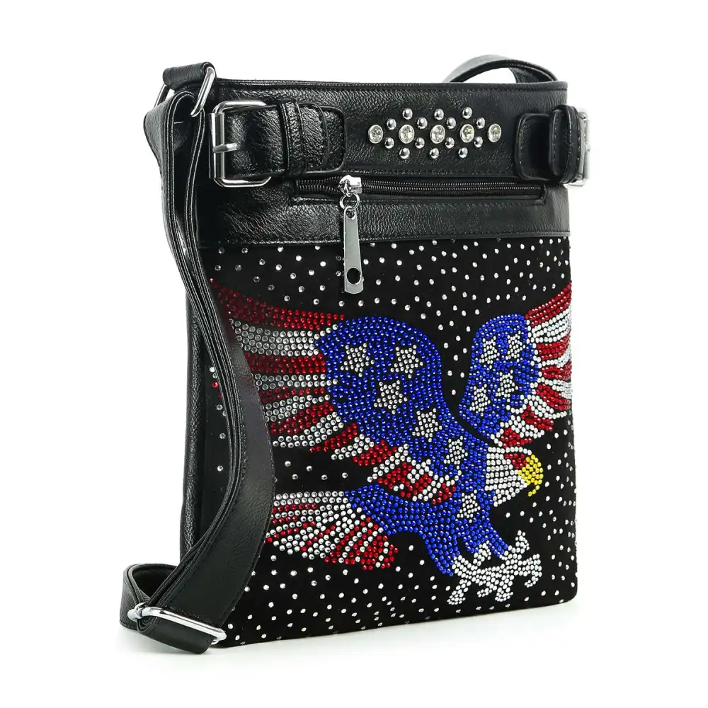 Crystal Accent Pocketed Graphic Motif Faux Leather Crossbody Bag