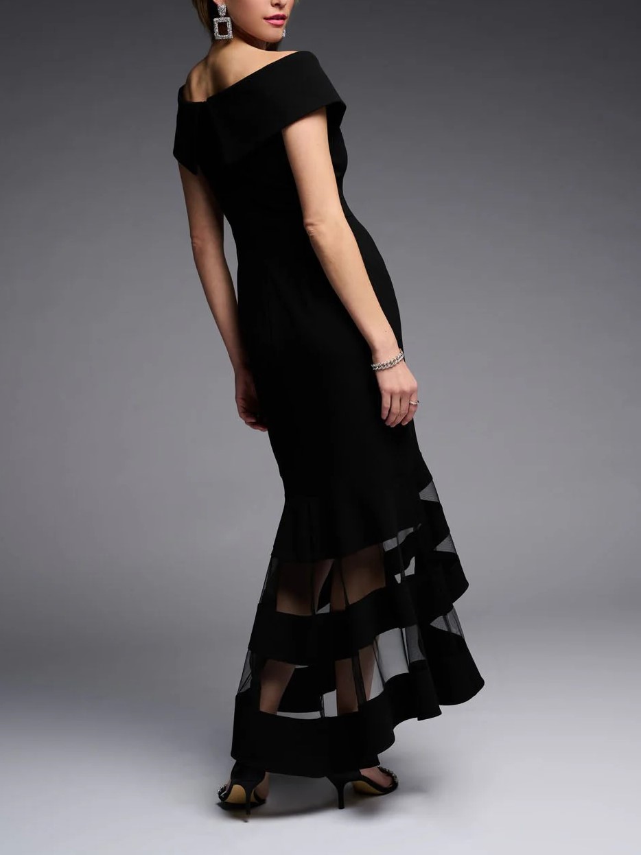 Off - Shoulder Black Mesh - Paneled Dress