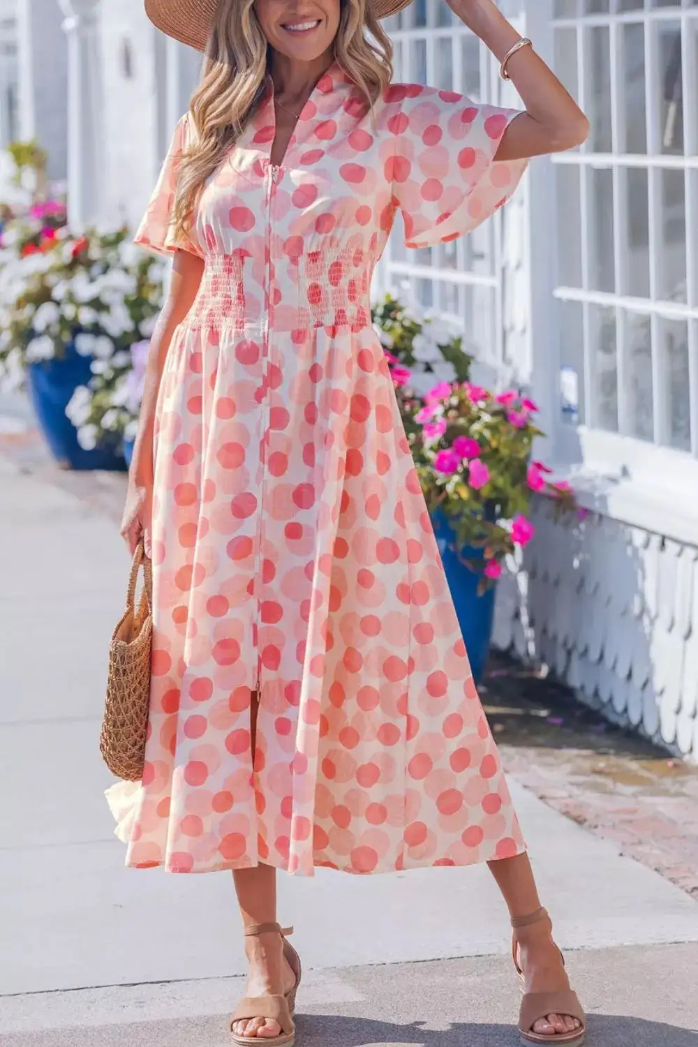Polka Polka Dot Puff Sleeve Midi Dress