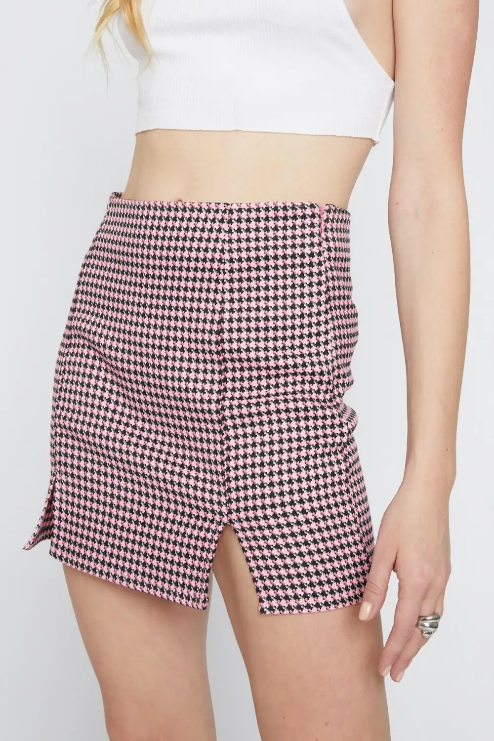 Houndstooth Mini Skirt With Two Front Slits