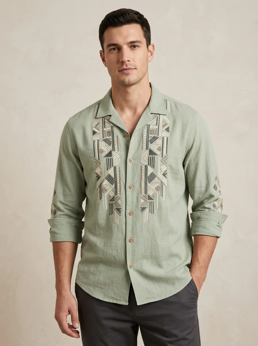 Men's Geometric Embroidered Linen Shirt